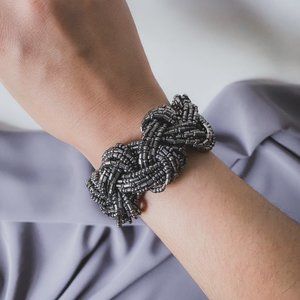 Silver Glass Beaded Wide Woven Braided Bracelet